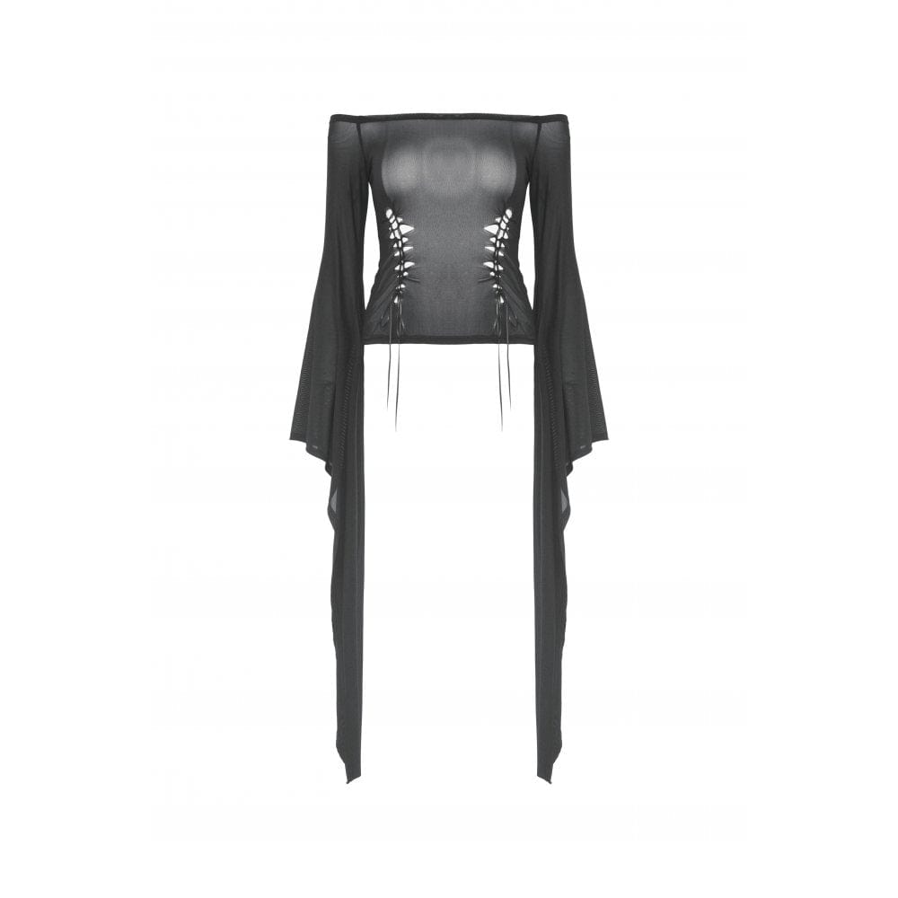 Darkinlove Women's Gothic Off Shoulder Lace-up Mesh Blouse