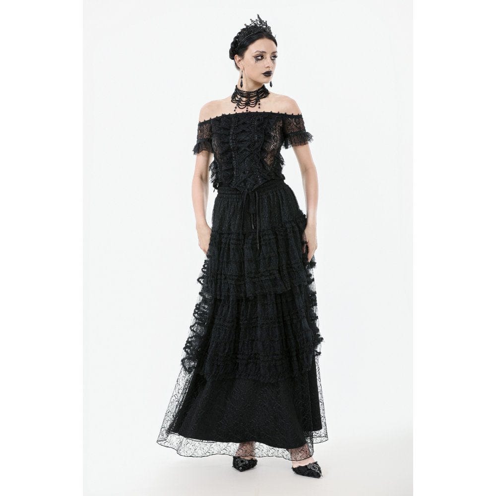 Darkinlove Women's Gothic Off Shoulder Ruffles Lace Top