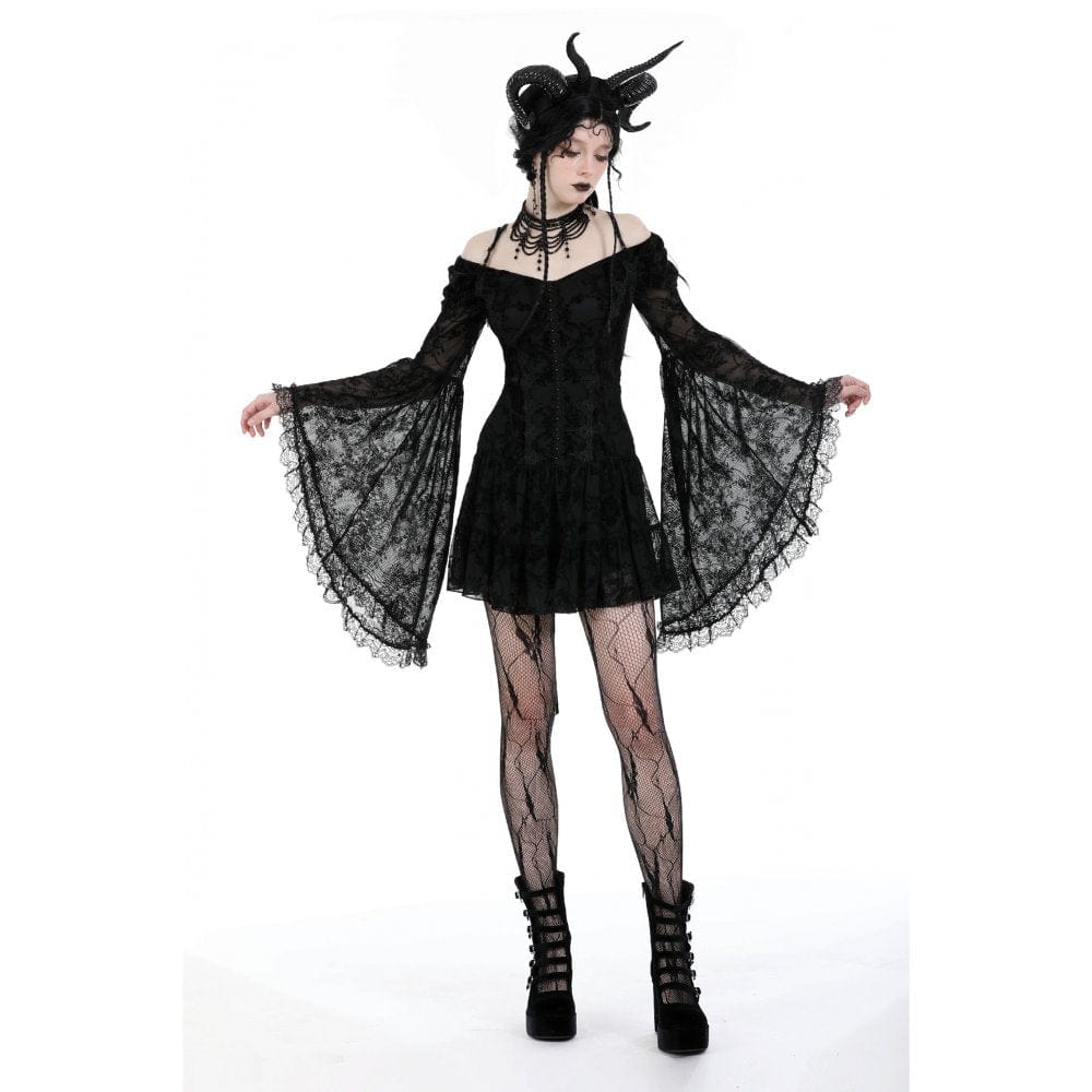 Darkinlove Women's Gothic Off Shoulder Velvet Splice Mesh Dress