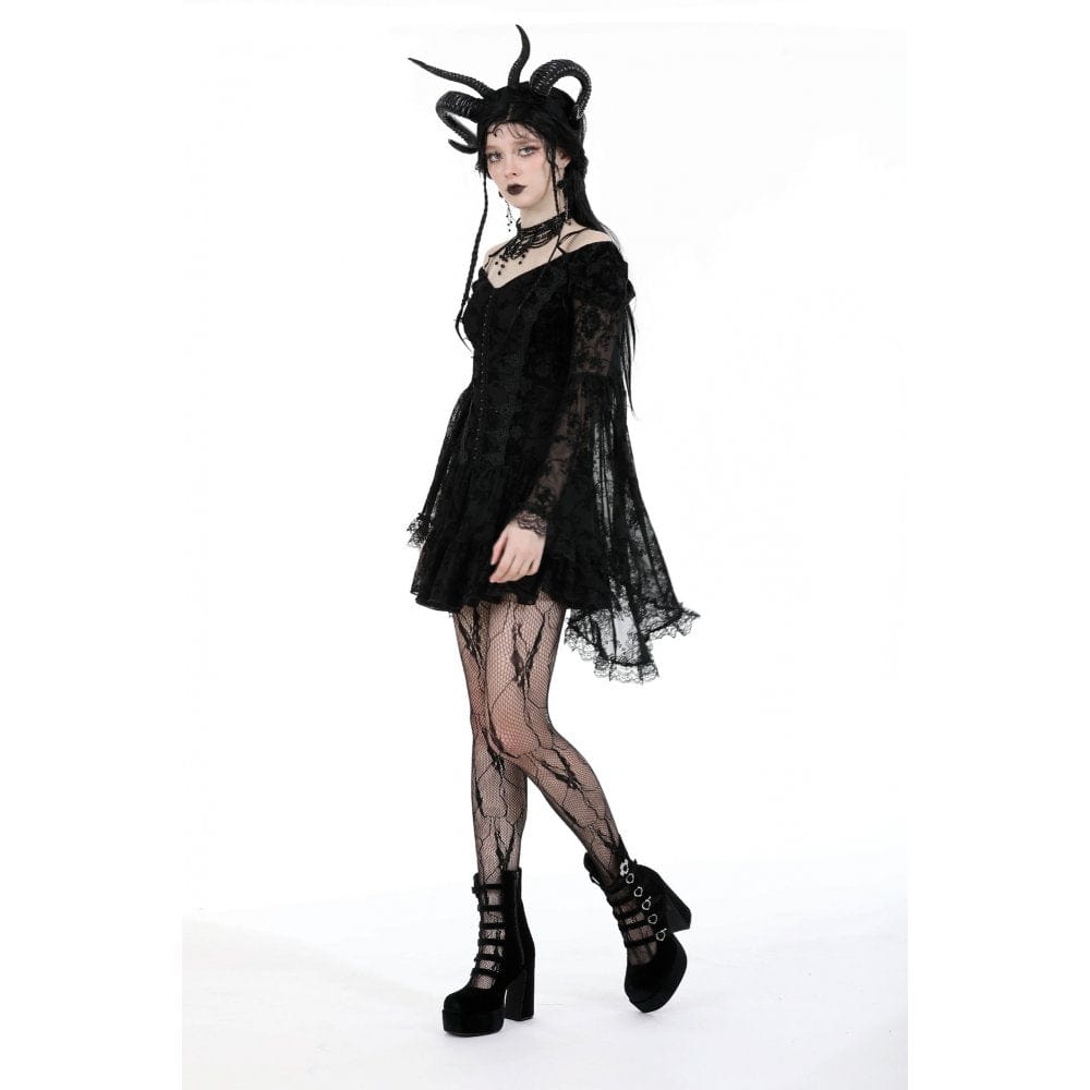 Darkinlove Women's Gothic Off Shoulder Velvet Splice Mesh Dress