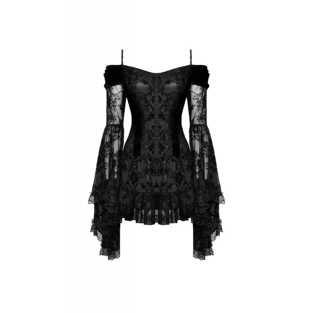Darkinlove Women's Gothic Off Shoulder Velvet Splice Mesh Dress