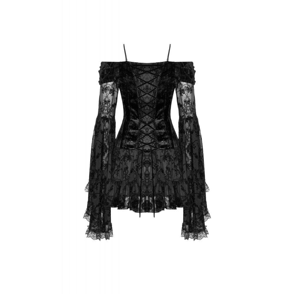 Darkinlove Women's Gothic Off Shoulder Velvet Splice Mesh Dress