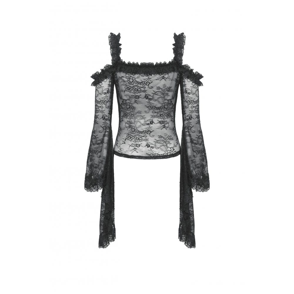 Darkinlove Women's Gothic Off-the-Shoulder Flared Sleeved Lace Shirt