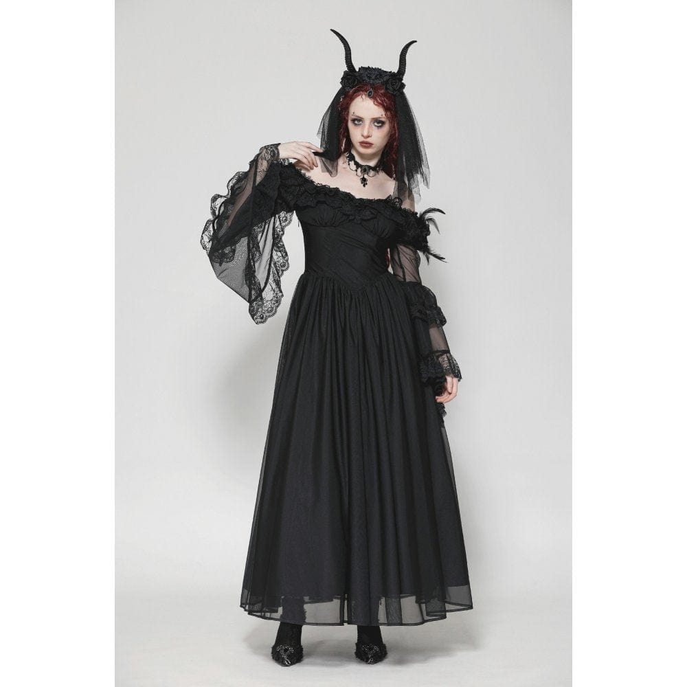 Darkinlove Women's Gothic Off-the-Shoulder Lace Splice Ball Gown Dress