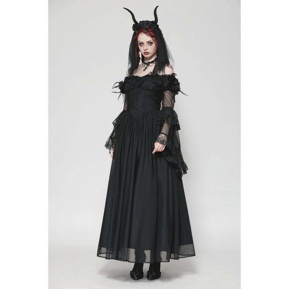 Darkinlove Women's Gothic Off-the-Shoulder Lace Splice Ball Gown Dress