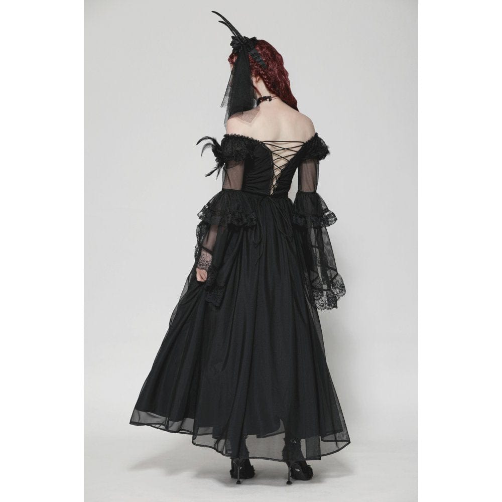 Darkinlove Women's Gothic Off-the-Shoulder Lace Splice Ball Gown Dress