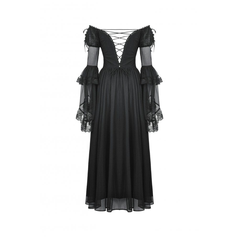 Darkinlove Women's Gothic Off-the-Shoulder Lace Splice Ball Gown Dress