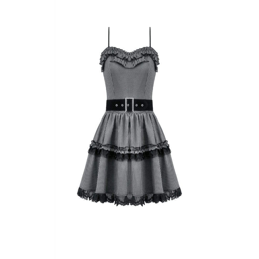 Darkinlove Women's Gothic Pinstripe Multilayer Falbala Slip Dress