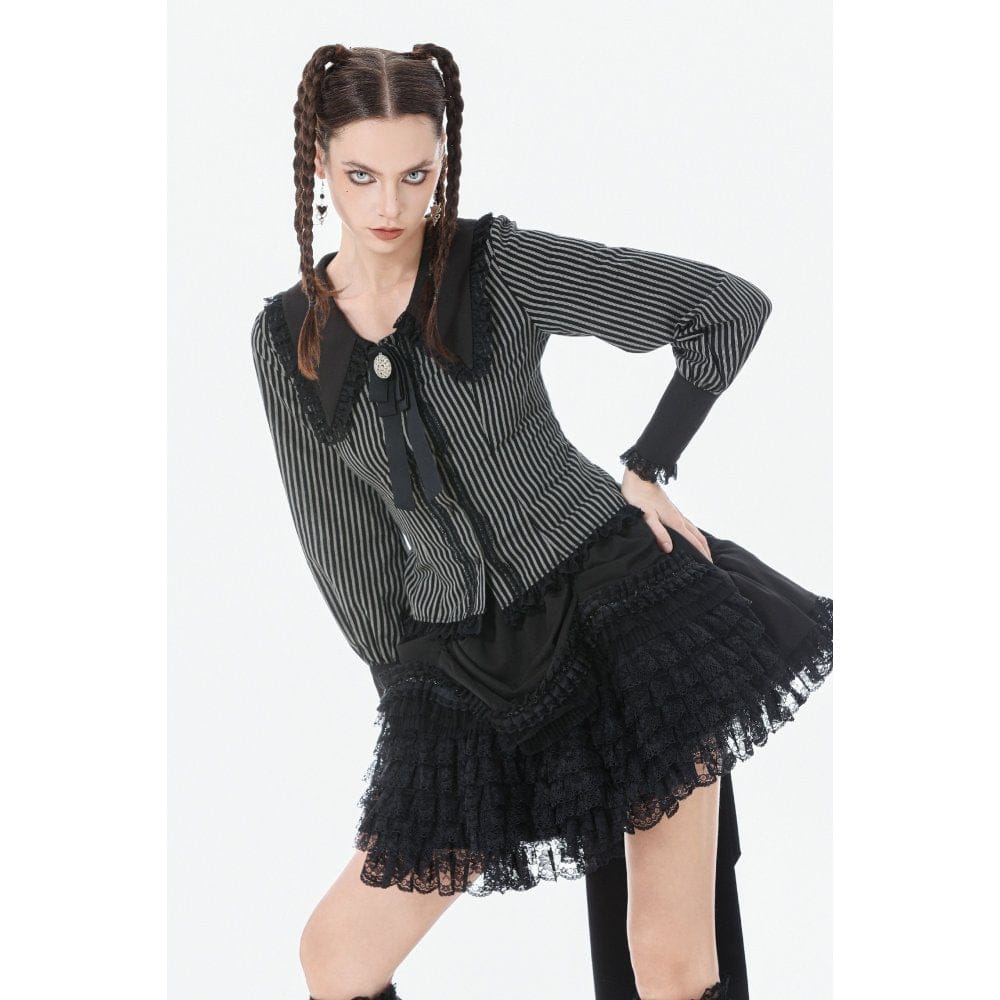 Darkinlove Women's Gothic Pinstripe Peter Pan Collar Long Sleeved Shirt