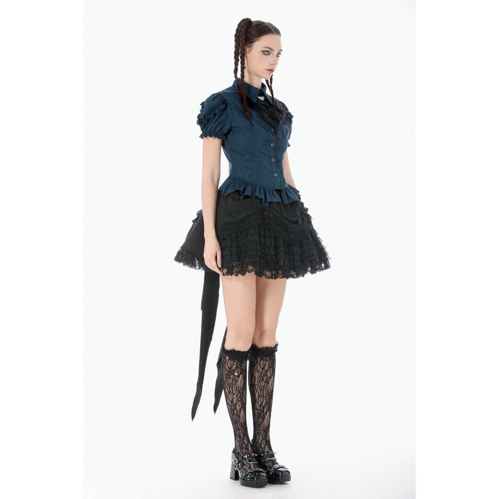 Darkinlove Women's Gothic Pinstripe Puff Sleeved Shirt with Detachable Bat Bow Tie