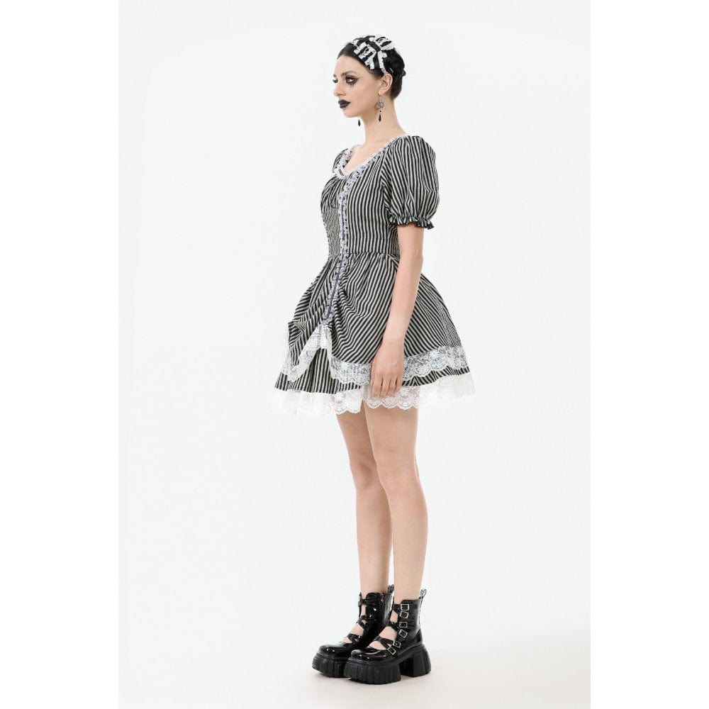 Darkinlove Women's Gothic Pinstripes Ruffles Lace Hem Dress