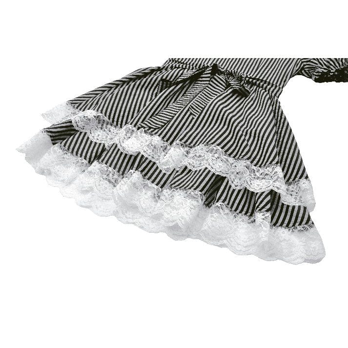 Darkinlove Women's Gothic Pinstripes Ruffles Lace Hem Dress