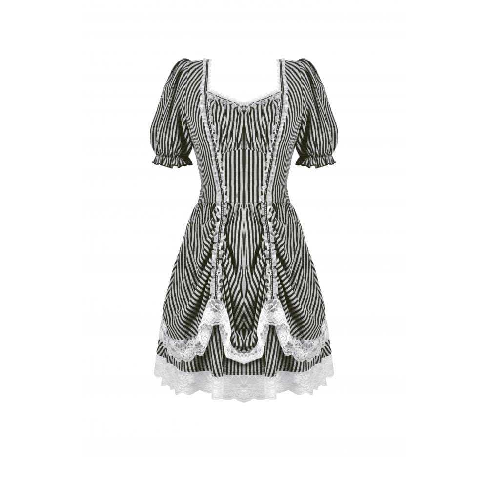 Darkinlove Women's Gothic Pinstripes Ruffles Lace Hem Dress
