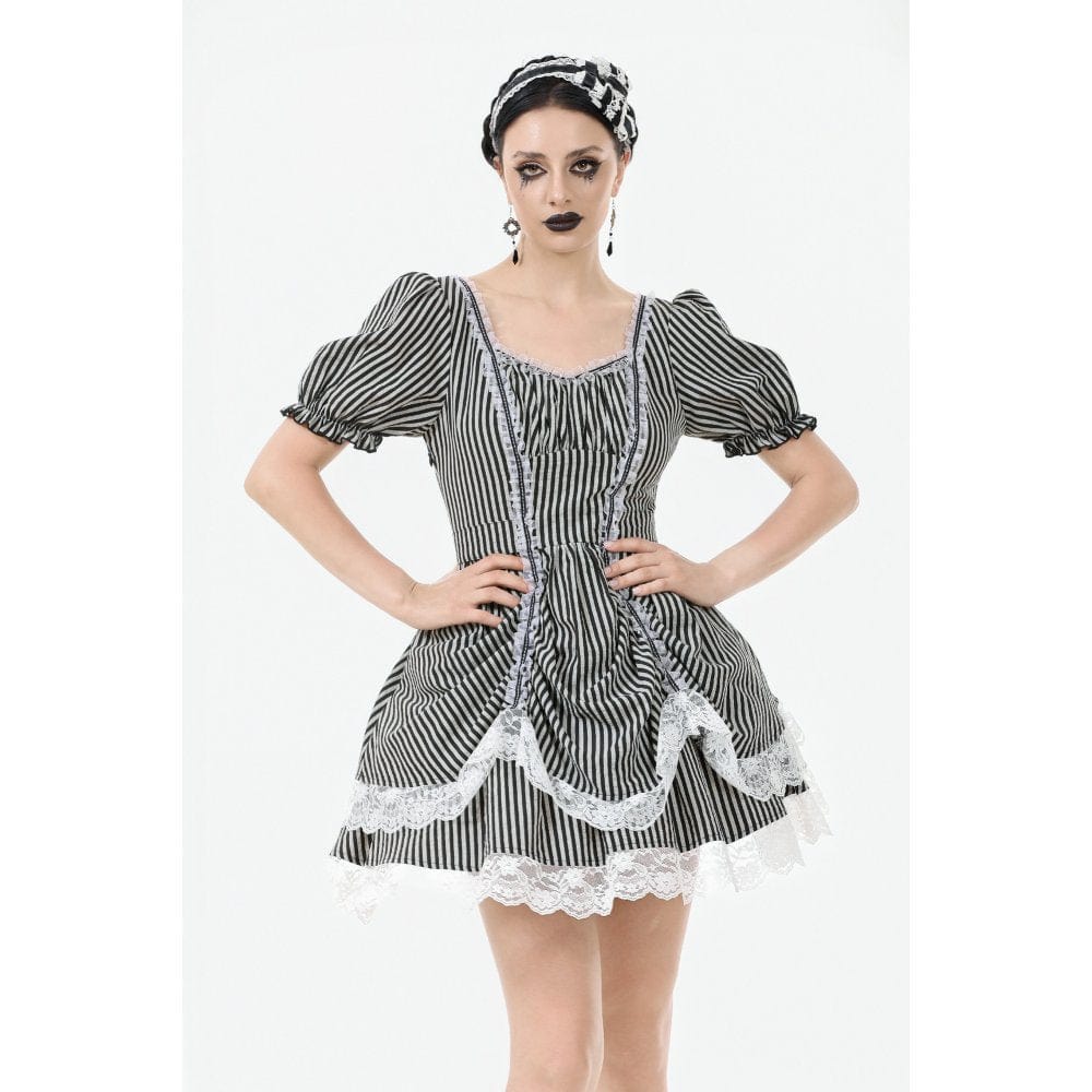 Darkinlove Women's Gothic Pinstripes Ruffles Lace Hem Dress