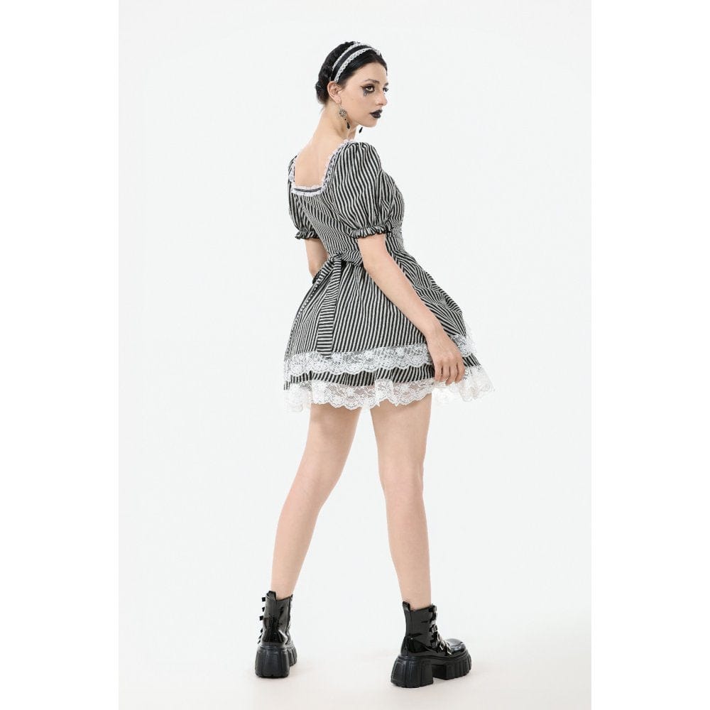Darkinlove Women's Gothic Pinstripes Ruffles Lace Hem Dress