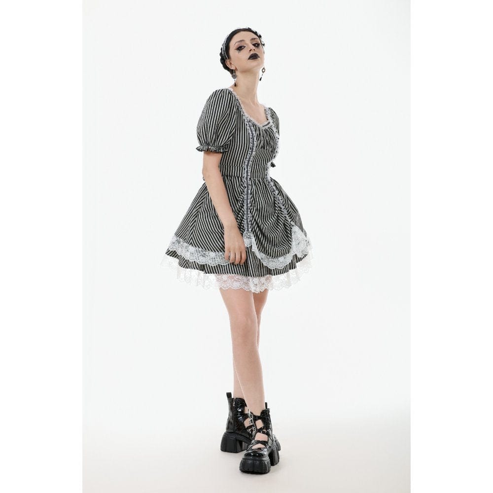 Darkinlove Women's Gothic Pinstripes Ruffles Lace Hem Dress