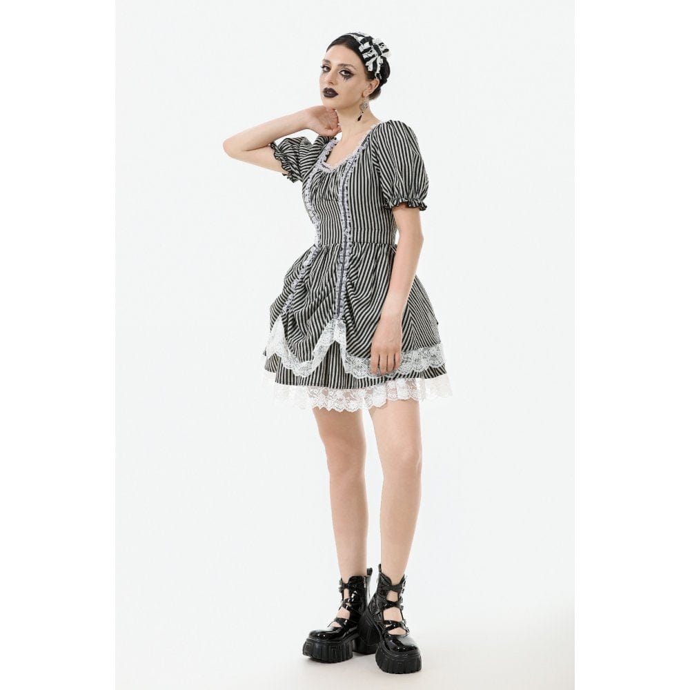 Darkinlove Women's Gothic Pinstripes Ruffles Lace Hem Dress