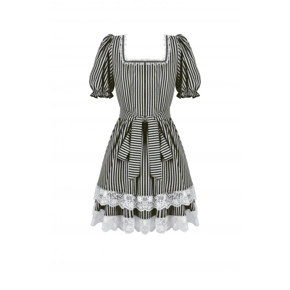 Darkinlove Women's Gothic Pinstripes Ruffles Lace Hem Dress