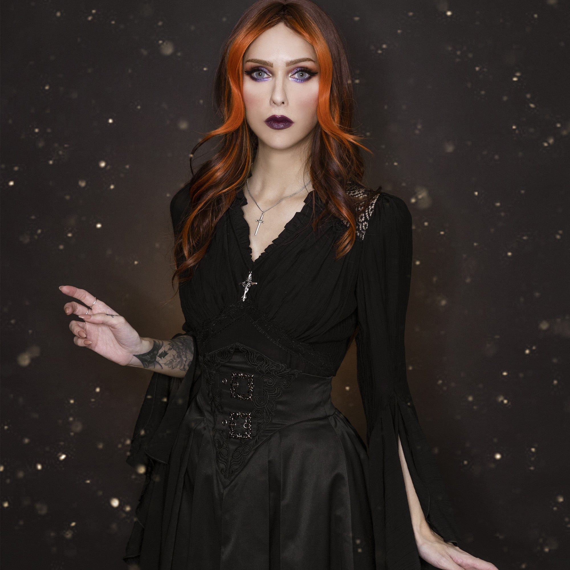 Darkinlove Women's Gothic Pleated Toned Horn Long Sleeved Shirt