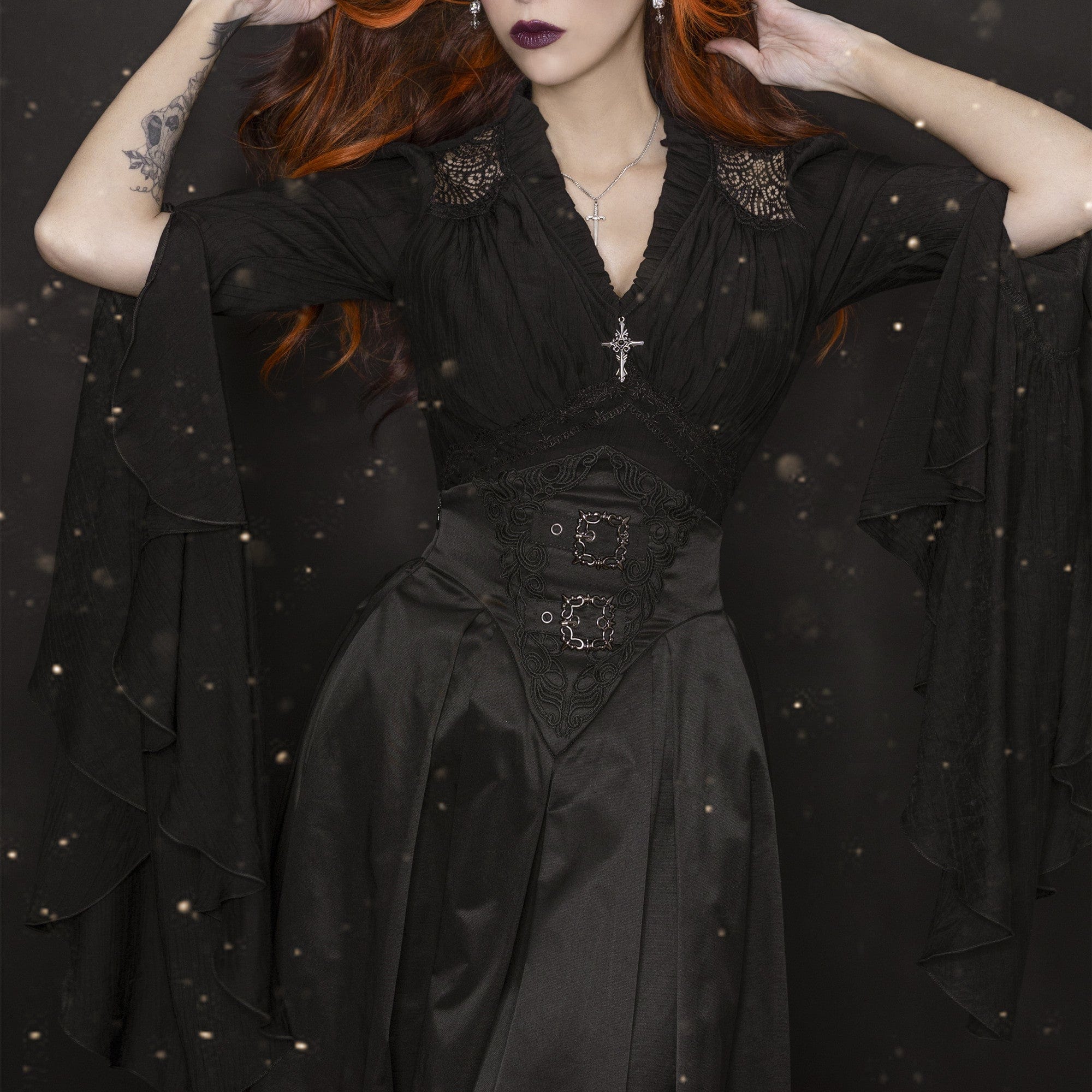 Darkinlove Women's Gothic Pleated Toned Horn Long Sleeved Shirt