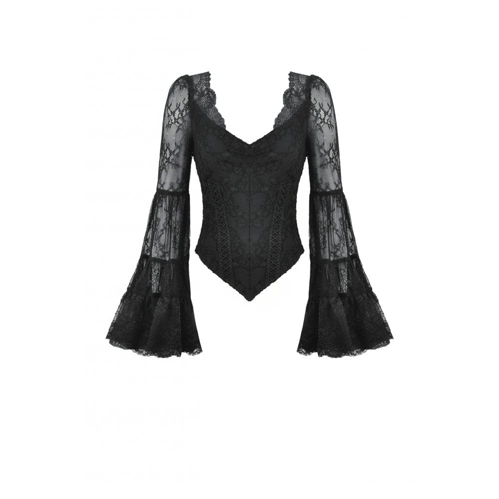 Darkinlove Women's Gothic Plunging Flared Sleeved Lace Shirt
