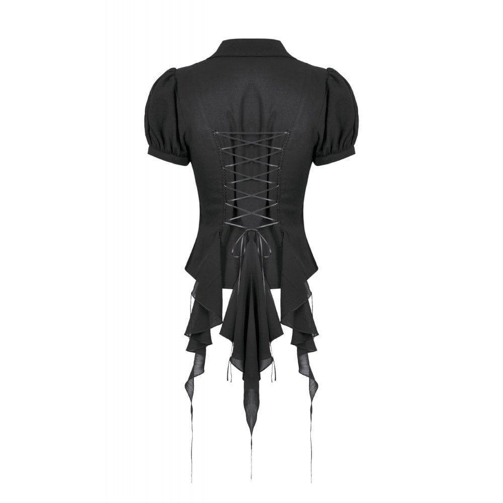 Darkinlove Women's Gothic Plunging Pleated Puff Short Sleeved Blouse