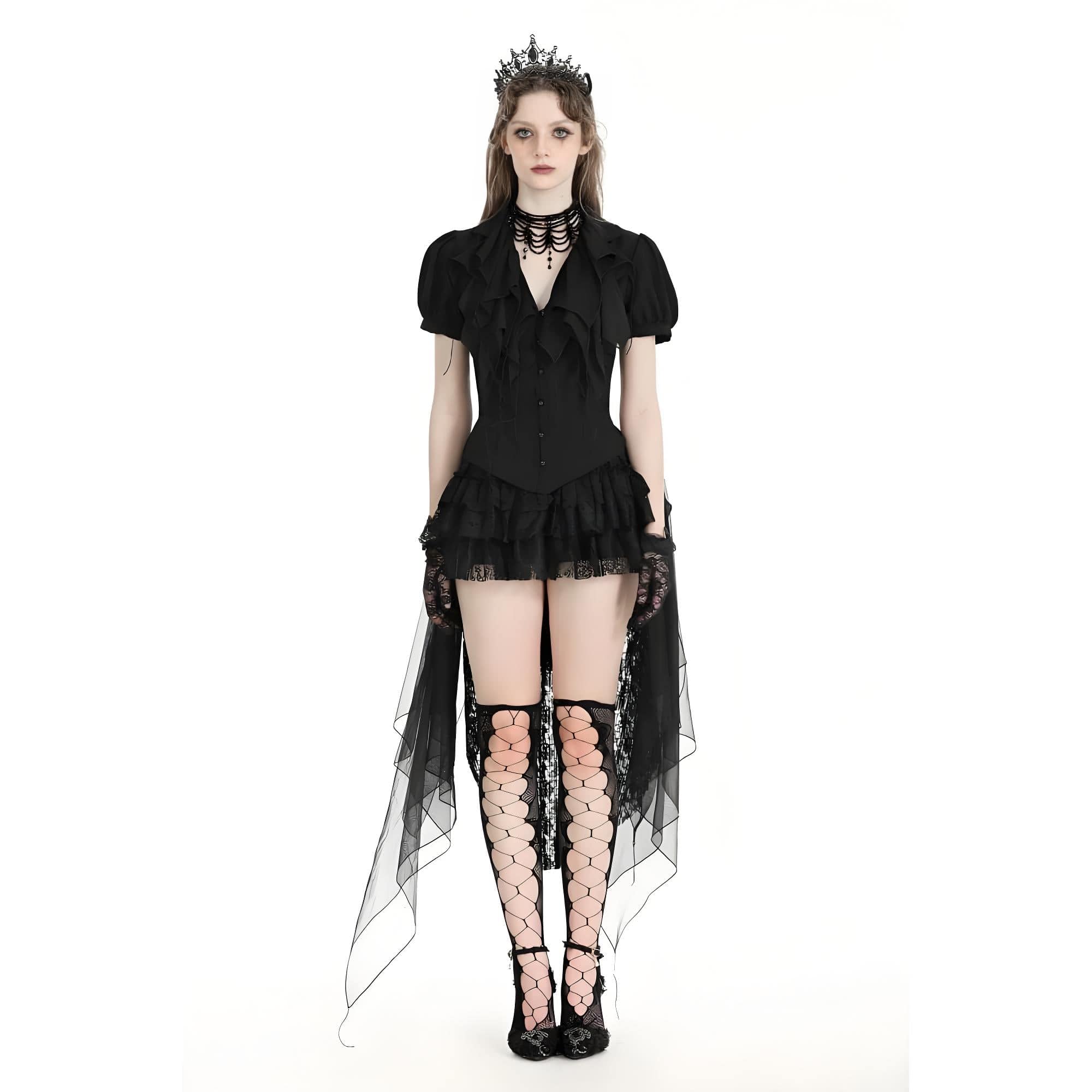 Darkinlove Women's Gothic Plunging Pleated Puff Short Sleeved Blouse