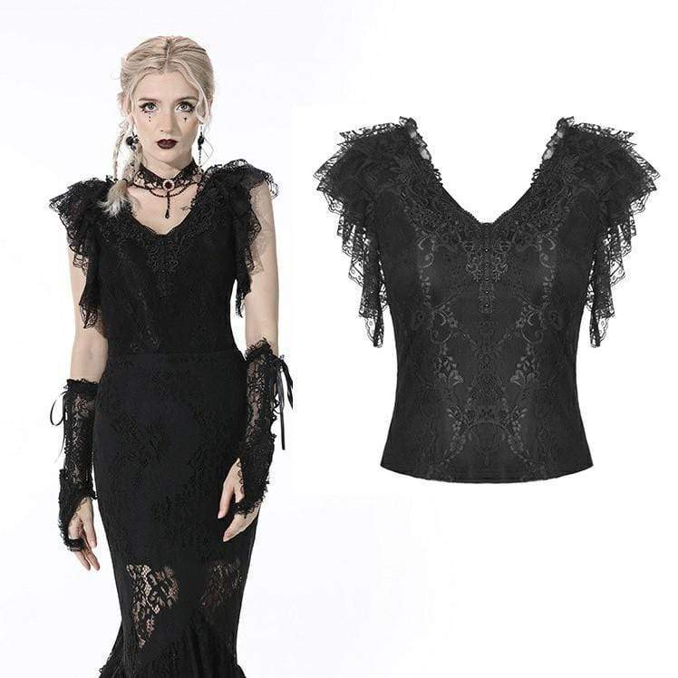 Darkinlove Women's Gothic Plunging Ruffled Black Crop Top