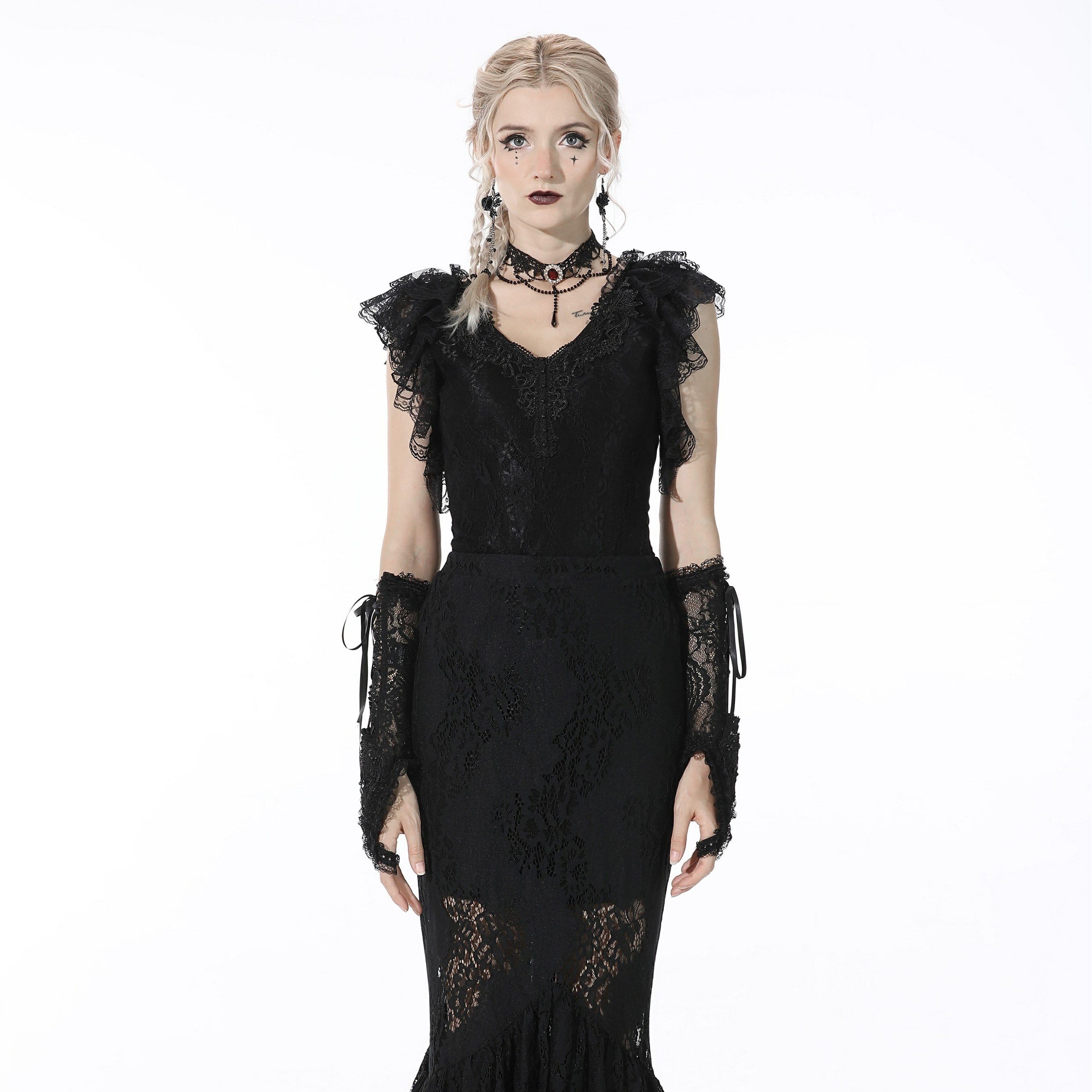 Darkinlove Women's Gothic Plunging Ruffled Black Crop Top