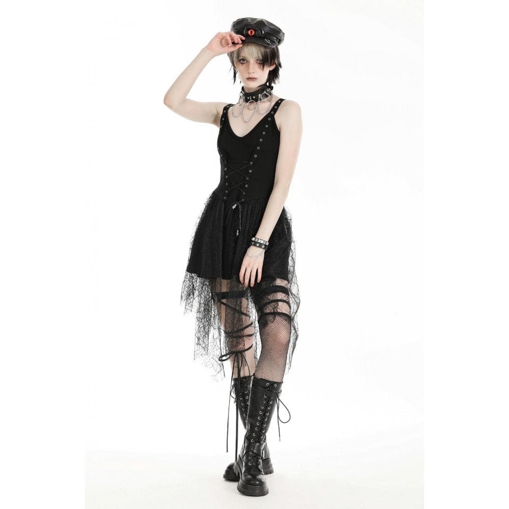 Darkinlove Women's Gothic Plunging Spider Mesh Splice Witch Slip Dress
