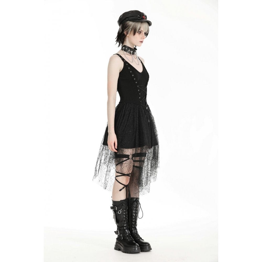 Darkinlove Women's Gothic Plunging Spider Mesh Splice Witch Slip Dress