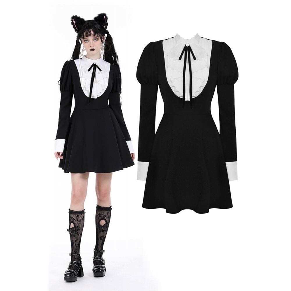 Darkinlove Women's Gothic Puff Sleeved Double Color Dress