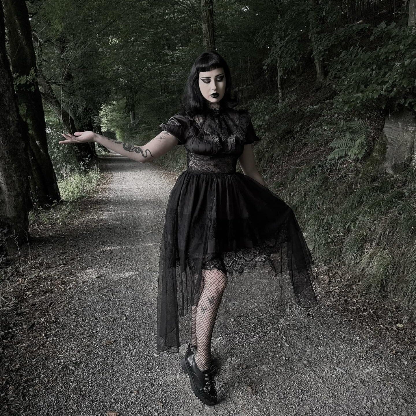 Darkinlove Women's Gothic Puff Sleeved High/low Multilayer Chiffon Dress