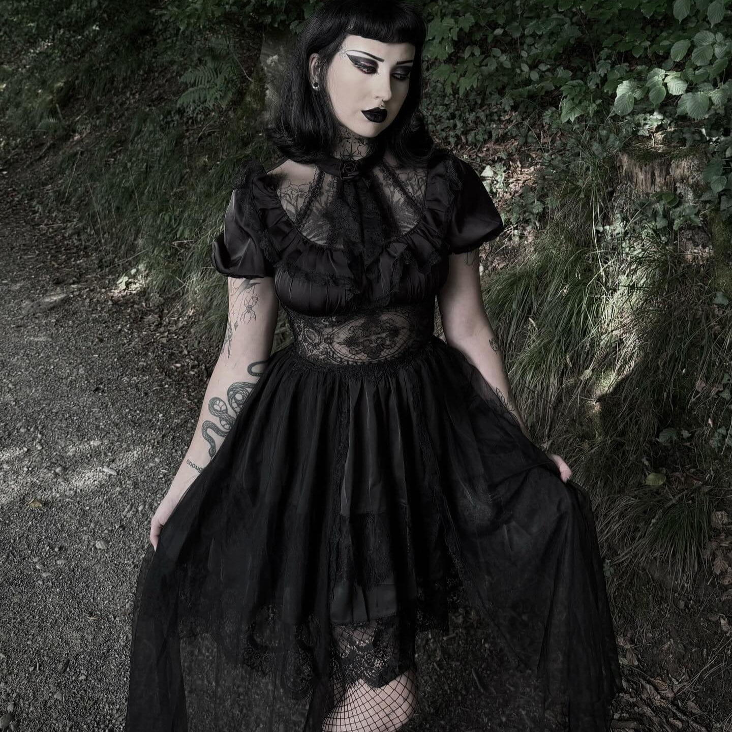 Darkinlove Women's Gothic Puff Sleeved High/low Multilayer Chiffon Dress