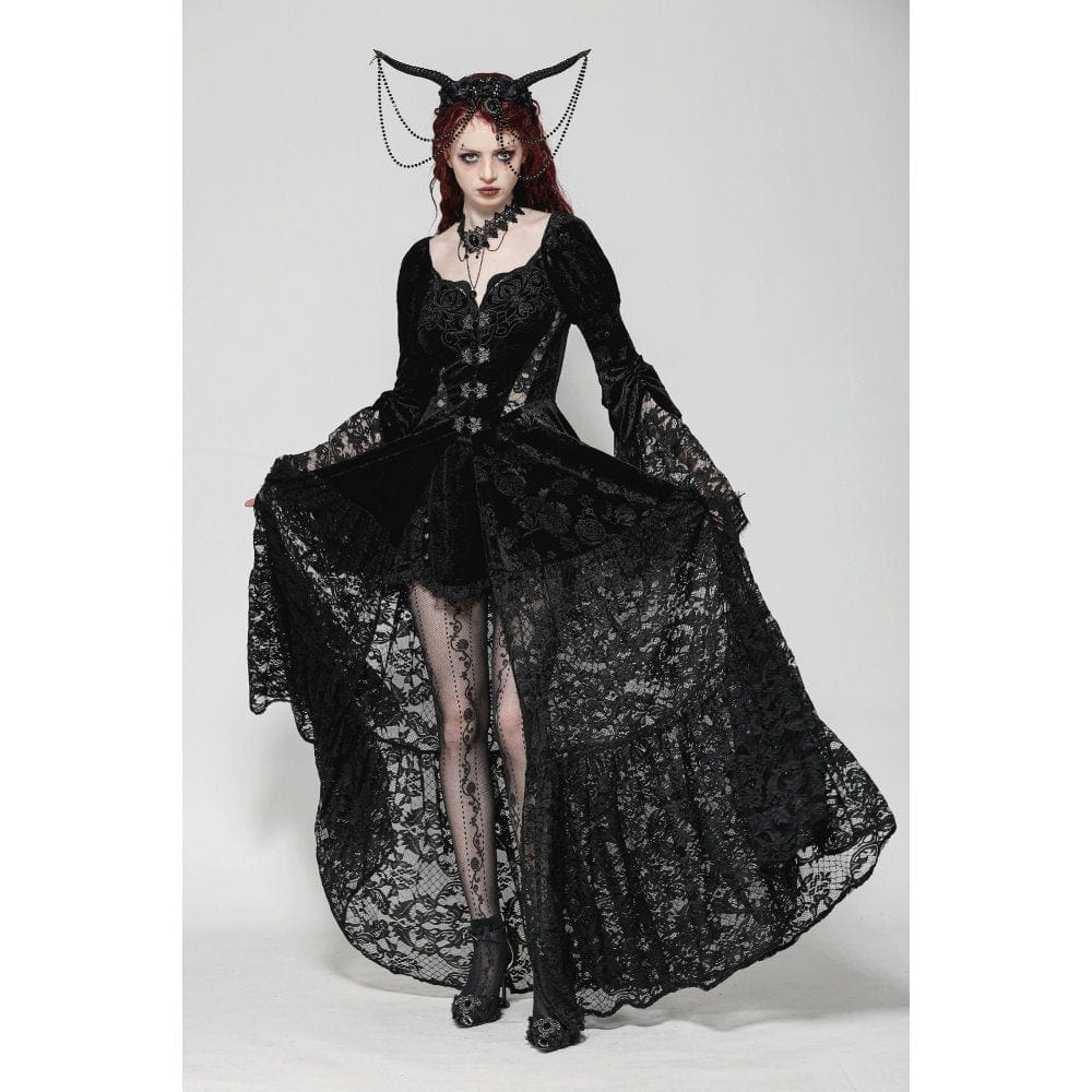Darkinlove Women's Gothic Puff Sleeved Lace Splice Velvet Coat