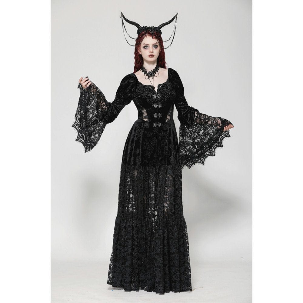 Darkinlove Women's Gothic Puff Sleeved Lace Splice Velvet Coat