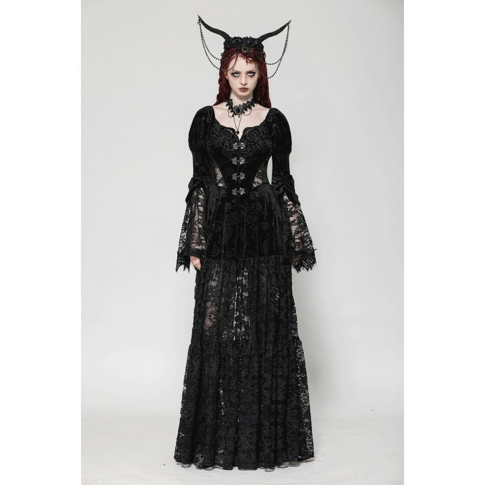 Darkinlove Women's Gothic Puff Sleeved Lace Splice Velvet Coat