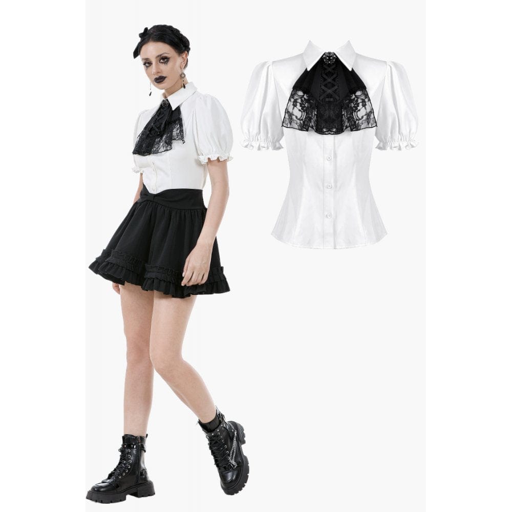 Darkinlove Women's Gothic Puff Sleeved Short Sleeved Shirt with Lace Bow Tie