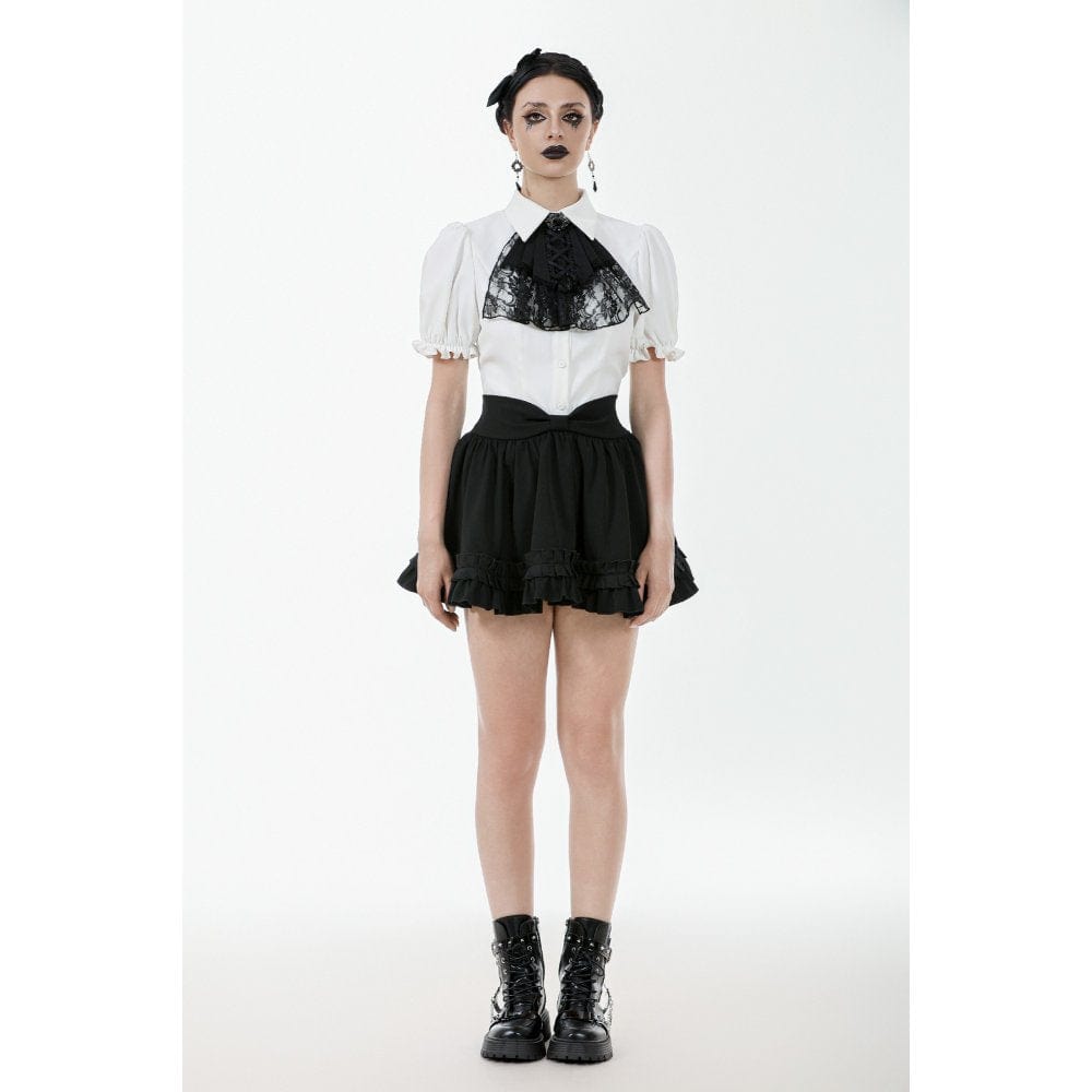 Darkinlove Women's Gothic Puff Sleeved Short Sleeved Shirt with Lace Bow Tie