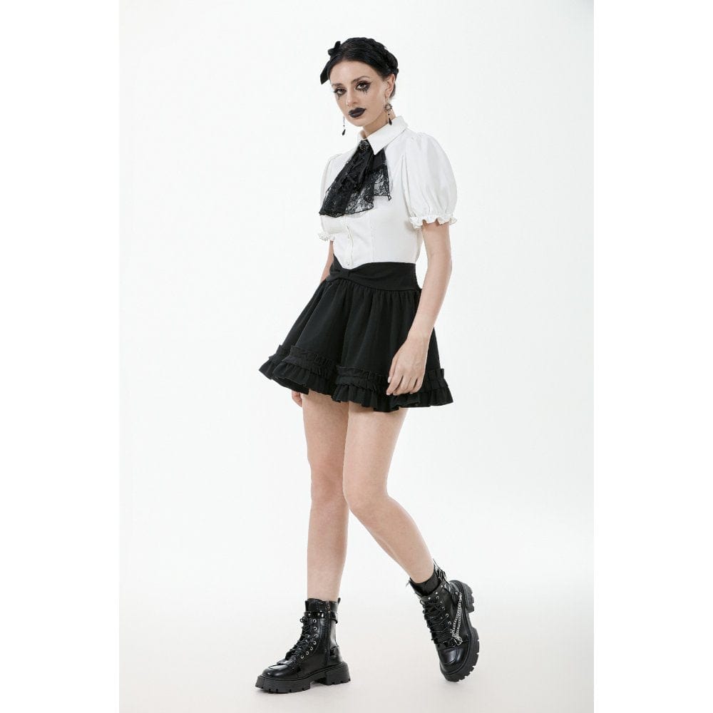 Darkinlove Women's Gothic Puff Sleeved Short Sleeved Shirt with Lace Bow Tie