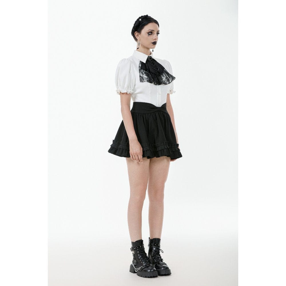 Darkinlove Women's Gothic Puff Sleeved Short Sleeved Shirt with Lace Bow Tie