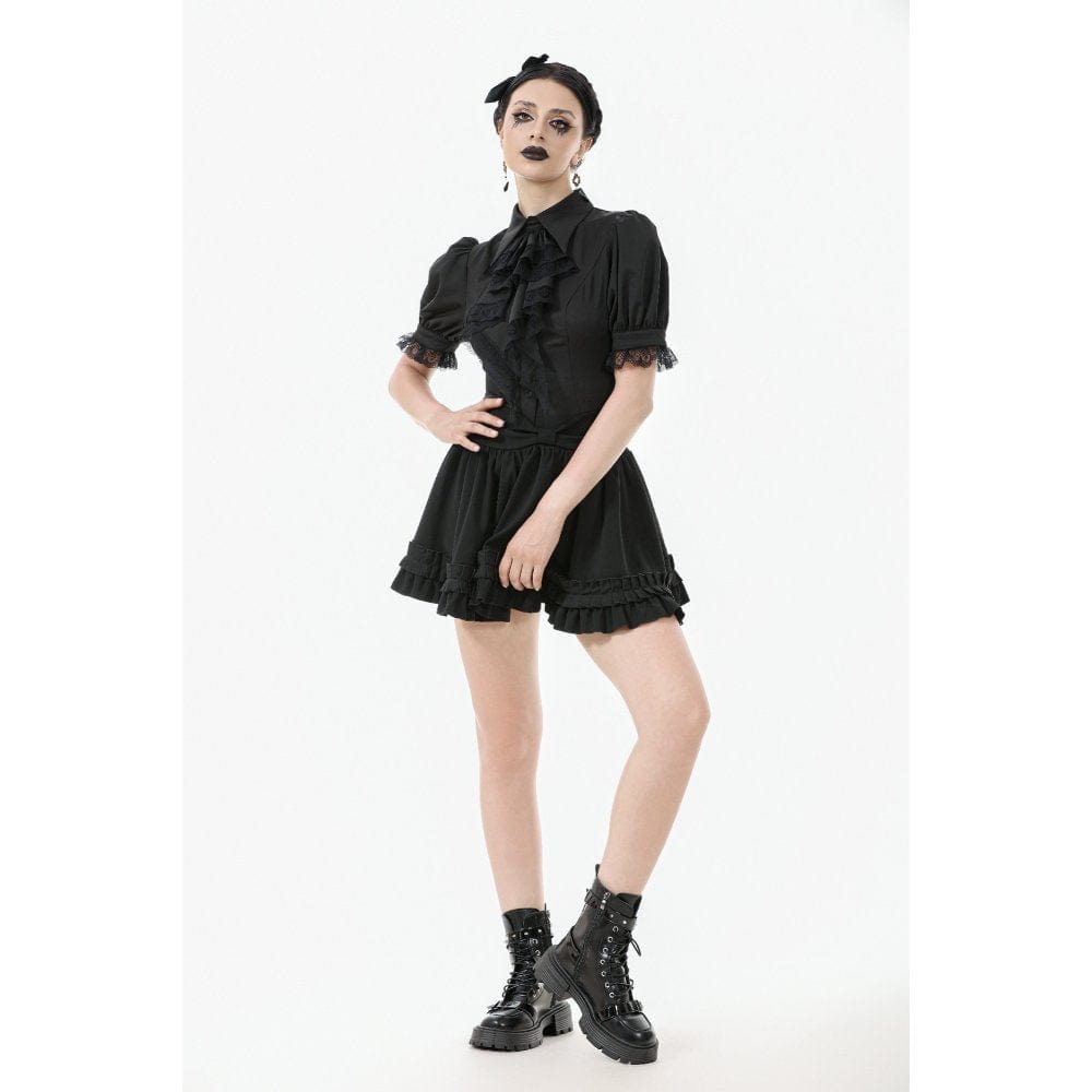 Darkinlove Women's Gothic Puff Sleeved Short Sleeved Shirt with Lace Tie