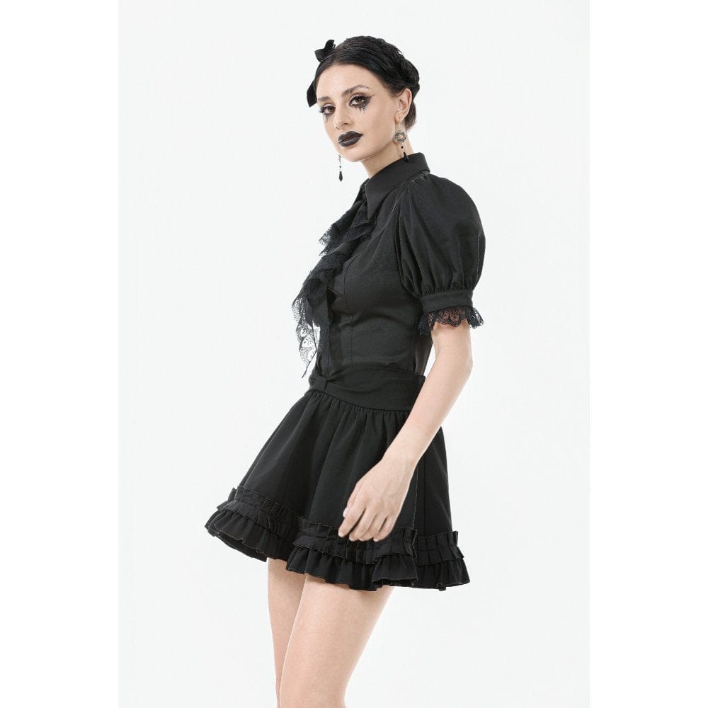 Darkinlove Women's Gothic Puff Sleeved Short Sleeved Shirt with Lace Tie