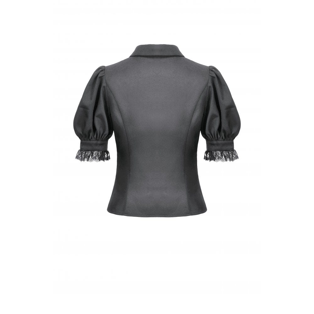 Darkinlove Women's Gothic Puff Sleeved Short Sleeved Shirt with Lace Tie