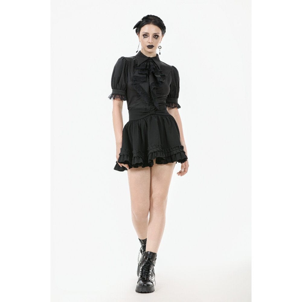 Darkinlove Women's Gothic Puff Sleeved Short Sleeved Shirt with Lace Tie