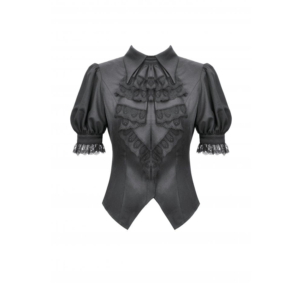 Darkinlove Women's Gothic Puff Sleeved Short Sleeved Shirt with Lace Tie