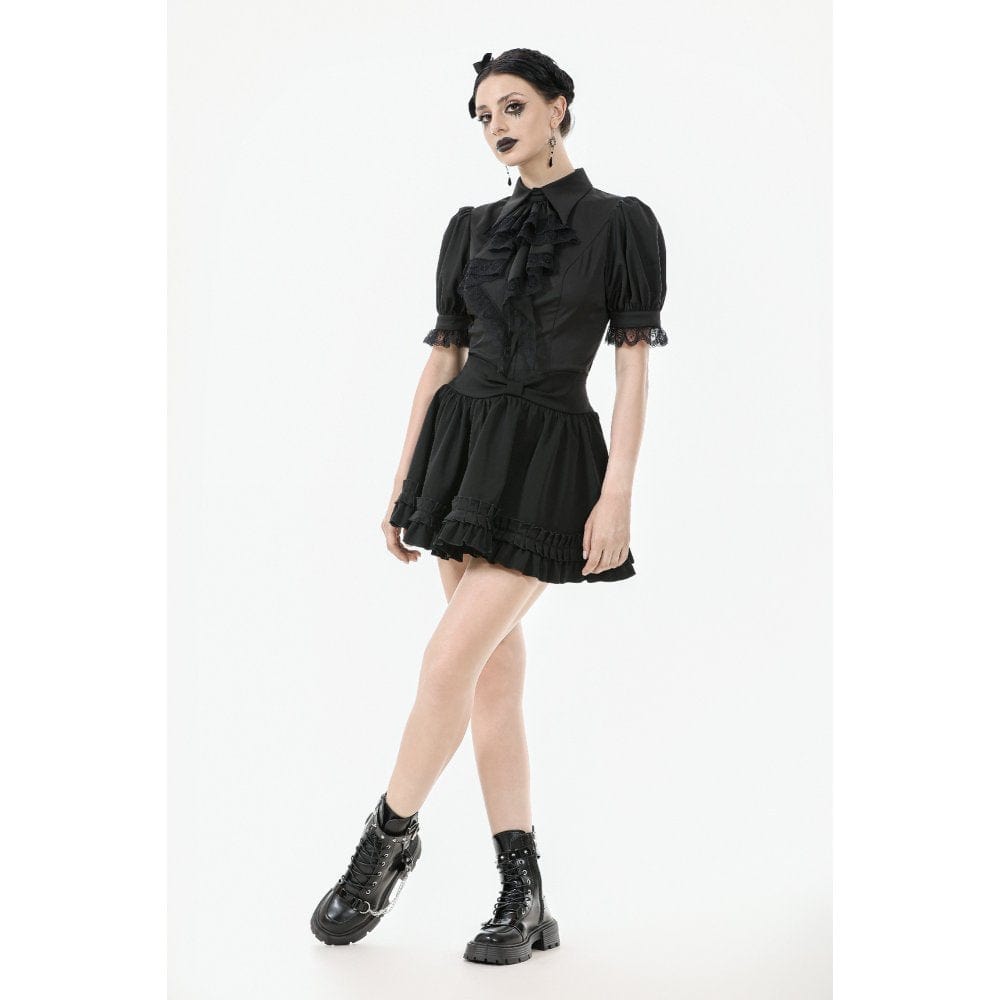 Darkinlove Women's Gothic Puff Sleeved Short Sleeved Shirt with Lace Tie