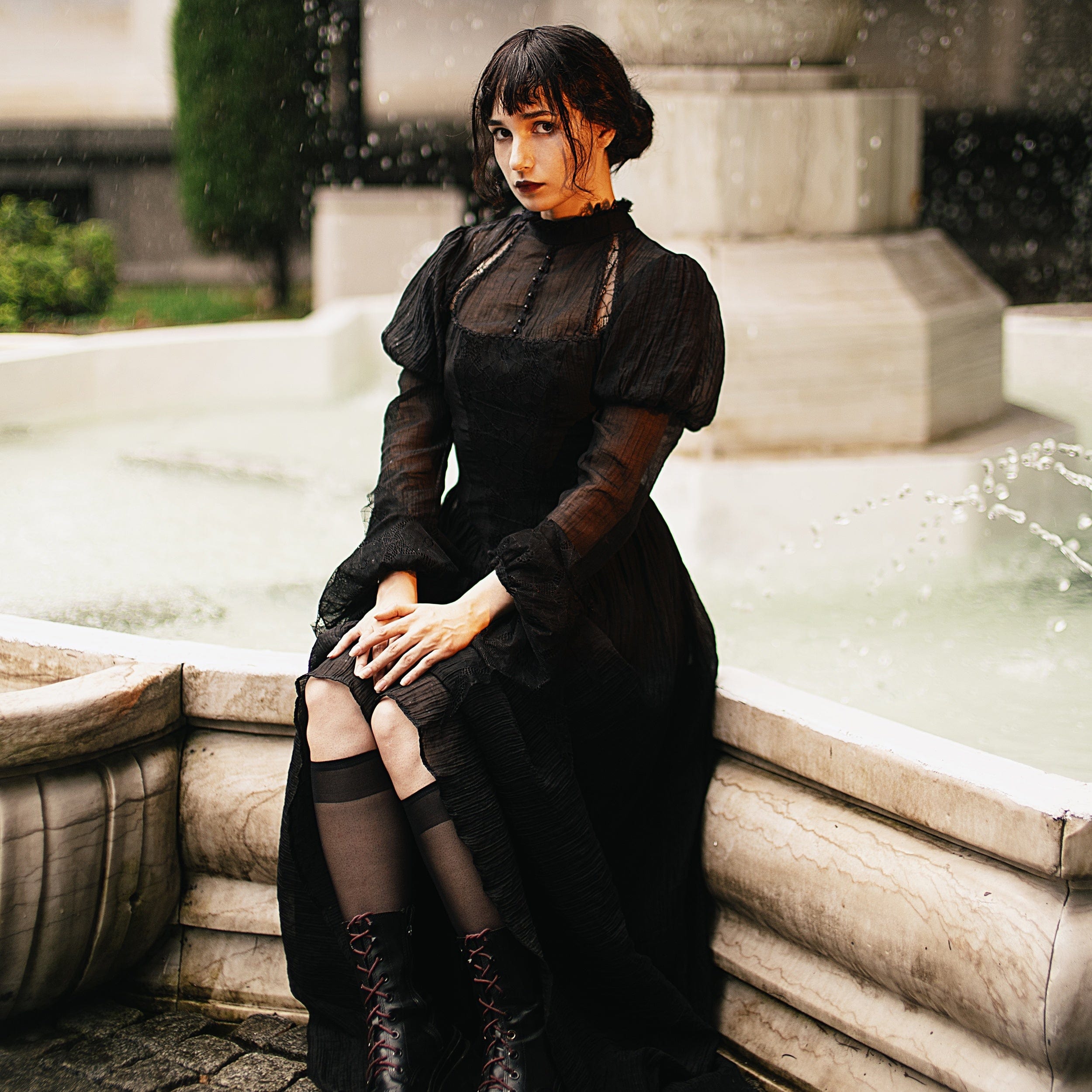 Darkinlove Women's Gothic Puff Sleeved Spiderweb Splice Witch Dress