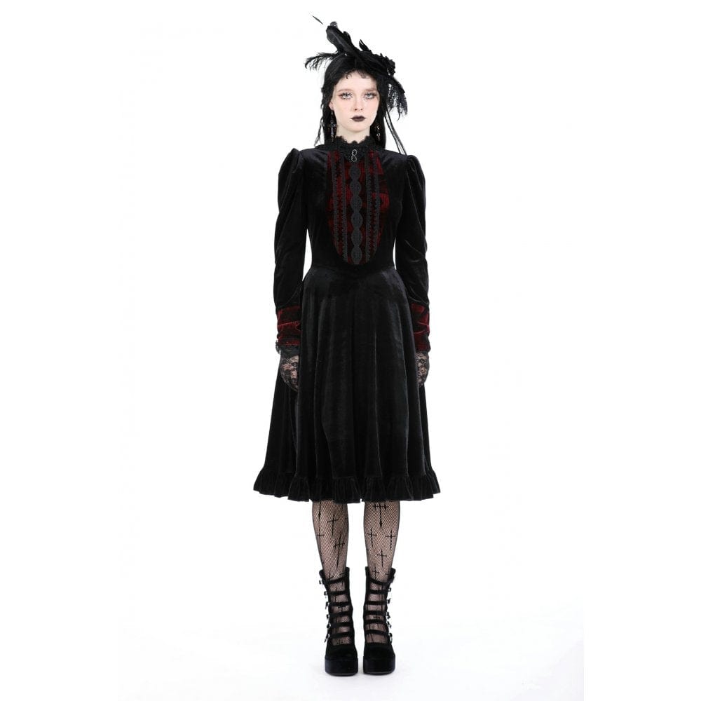 Darkinlove Women's Gothic Puff Sleeved Stand Collar Velvet Dress
