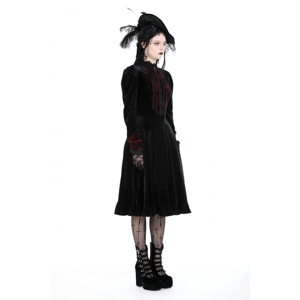 Darkinlove Women's Gothic Puff Sleeved Stand Collar Velvet Dress